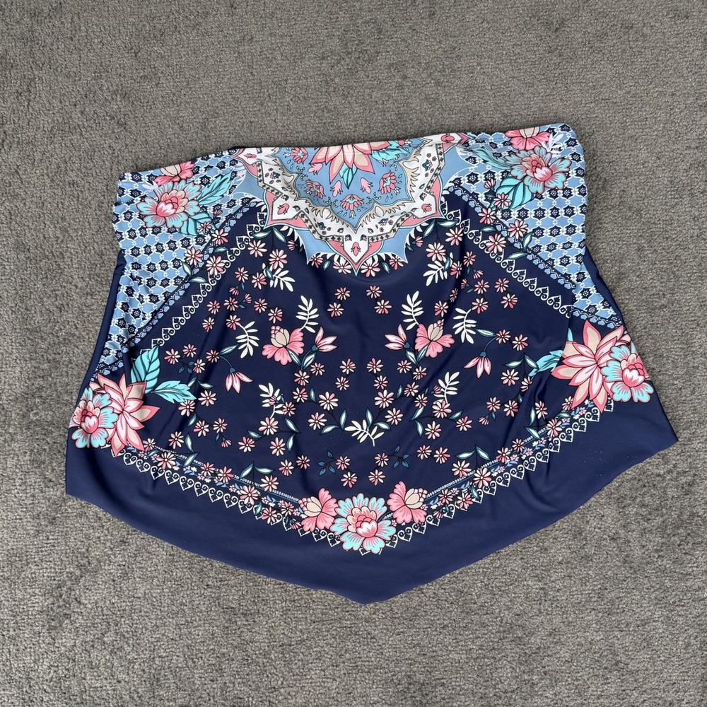 Kona Sol Navy Floral Mandala Handkerchief Hem Swim Skirt XL Built-in Brief